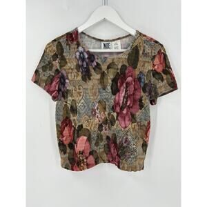 Mixed Blues Vintage Blouse Womens Large Multicolor Floral Print Pleated Casual